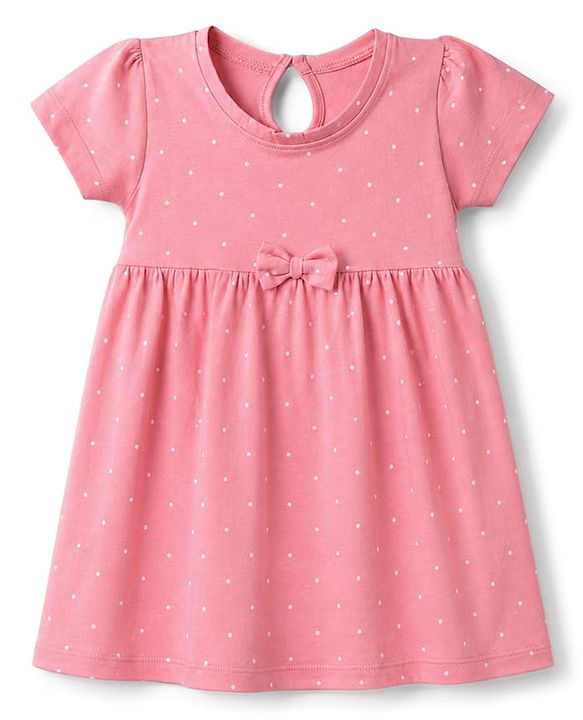 Babyhug Single Jersey Knit Half Sleeves Frocks With Polka Dot, Text Print & Bow Applique Pack of 2 - Pink & Yellow