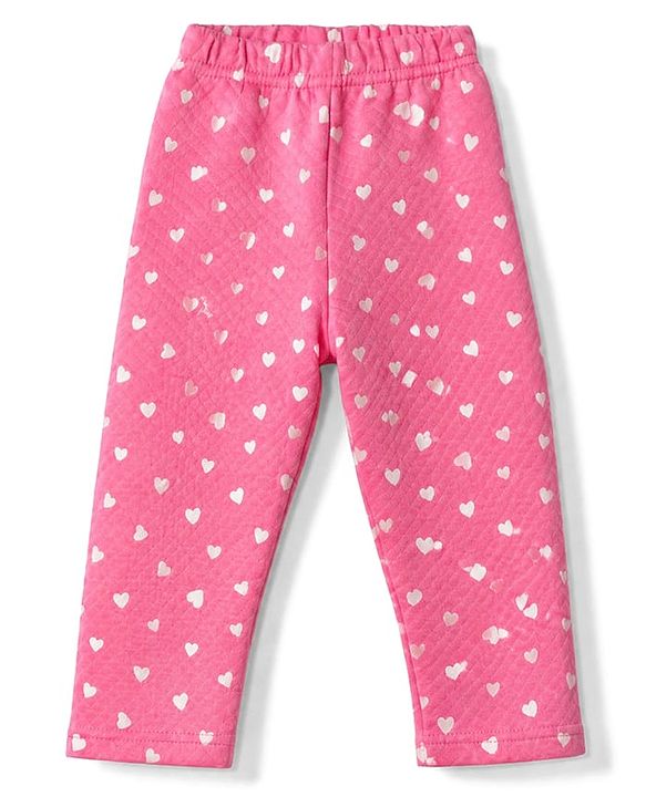 Babyhug Cotton Knit Full Sleeves Quilted Co-Ords T-Shirt & Pyjama Winter Wear Night Suit with Heart Print - Pink