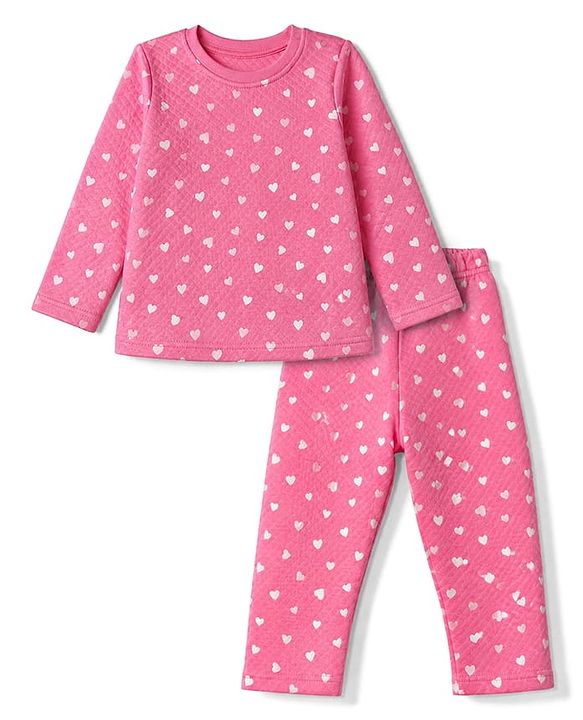 Babyhug Cotton Knit Full Sleeves Quilted Co-Ords T-Shirt & Pyjama Winter Wear Night Suit with Heart Print - Pink