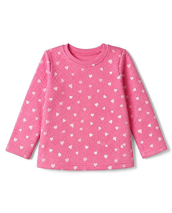 Babyhug Cotton Knit Full Sleeves Quilted Co-Ords T-Shirt & Pyjama Winter Wear Night Suit with Heart Print - Pink