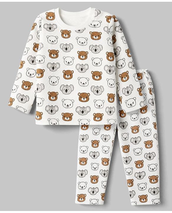 Babyhug Quilted Knit Full Sleeves T-Shirt & Pyjama Co-ords Night Suit With Teddy Bear Print -White