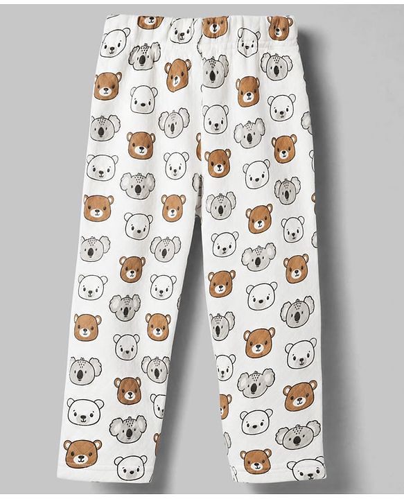 Babyhug Quilted Knit Full Sleeves T-Shirt & Pyjama Co-ords Night Suit With Teddy Bear Print -White