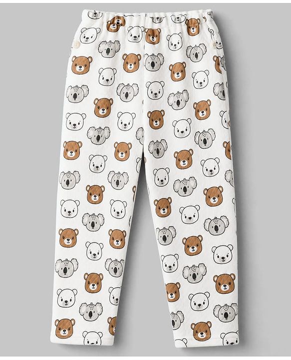 Babyhug Quilted Knit Full Sleeves T-Shirt & Pyjama Co-ords Night Suit With Teddy Bear Print -White
