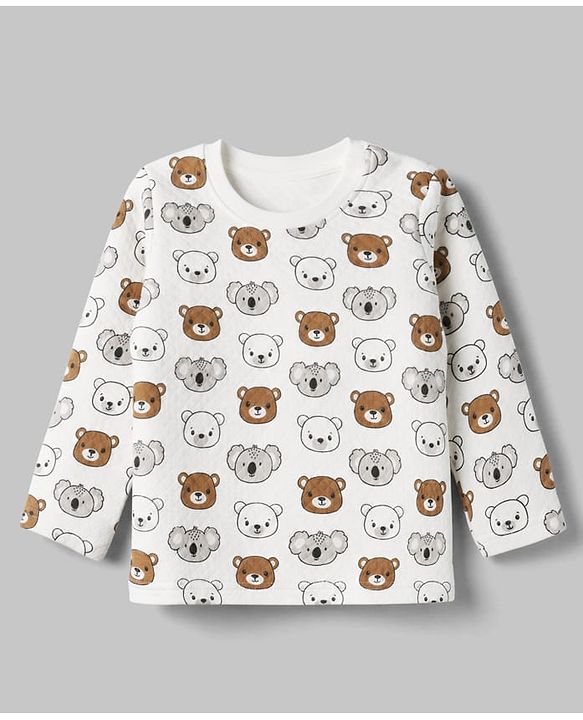 Babyhug Quilted Knit Full Sleeves T-Shirt & Pyjama Co-ords Night Suit With Teddy Bear Print -White