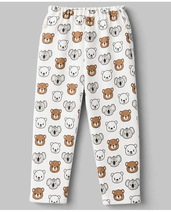 Babyhug Quilted Knit Full Sleeves T-Shirt & Pyjama Co-ords Night Suit With Teddy Bear Print -White