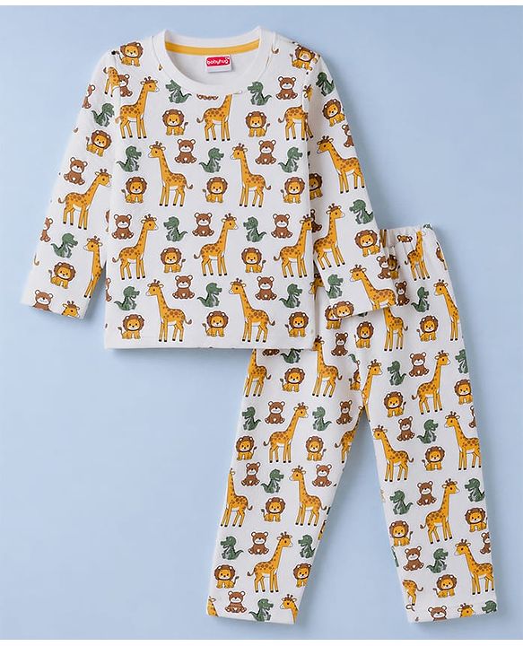 Babyhug Quilted Knit Full Sleeves Winter Night Suit Co-ords With Animal Print - White