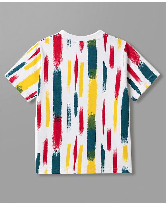 Pine Kids Cotton Knit Half Sleeves T-Shirt with Vertical Brush Stroke Print - White