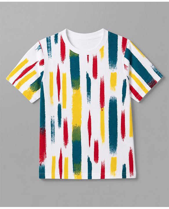 Pine Kids Cotton Knit Half Sleeves T-Shirt with Vertical Brush Stroke Print - White
