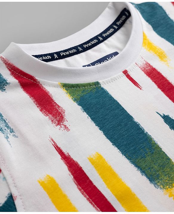 Pine Kids Cotton Knit Half Sleeves T-Shirt with Vertical Brush Stroke Print - White