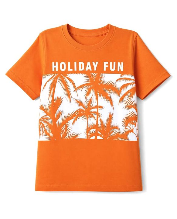 Pine Kids Cotton Knit Half Sleeves T-Shirt with Holiday Fun & Palm Tree Print - Orange