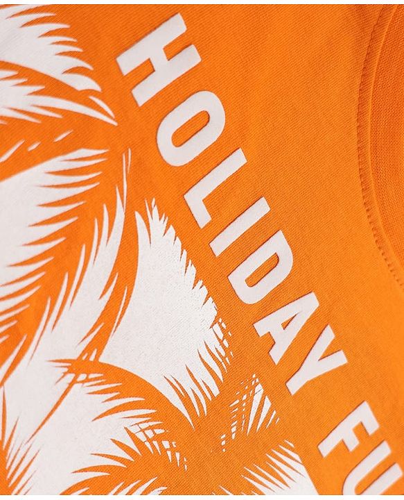 Pine Kids Cotton Knit Half Sleeves T-Shirt with Holiday Fun & Palm Tree Print - Orange
