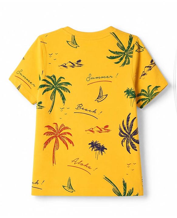 Pine Kids Cotton Knit Half Sleeves T-Shirt with Palm Tree & South Coast Applique - Yellow