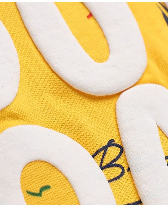 Pine Kids Cotton Knit Half Sleeves T-Shirt with Palm Tree & South Coast Applique - Yellow