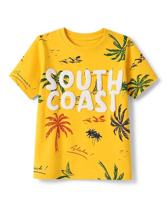 Pine Kids Cotton Knit Half Sleeves T-Shirt with Palm Tree & South Coast Applique - Yellow