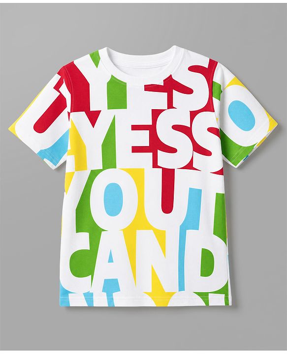 Pine Kids Cotton Knit Half Sleeves T-Shirt with Text Print - White