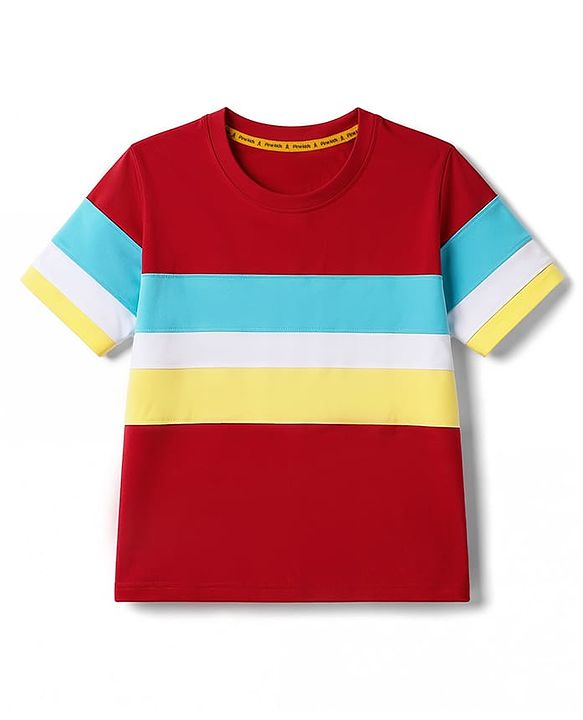 Pine Kids Cotton Knit T-Shirts with Half Sleeves and Color Block Pattern - Red