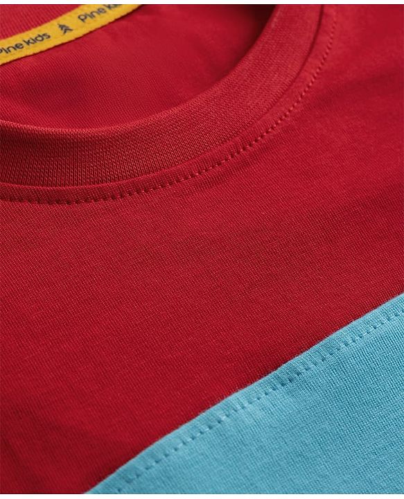 Pine Kids Cotton Knit T-Shirts with Half Sleeves and Color Block Pattern - Red