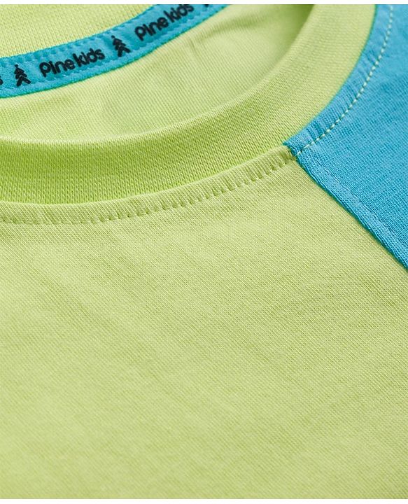 Pine Kids Cotton Knit T-Shirts with Half Sleeves and Color Block Pattern - Limegreen