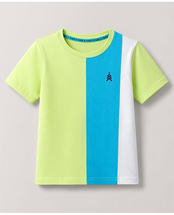 Pine Kids Cotton Knit T-Shirts with Half Sleeves and Color Block Pattern - Limegreen