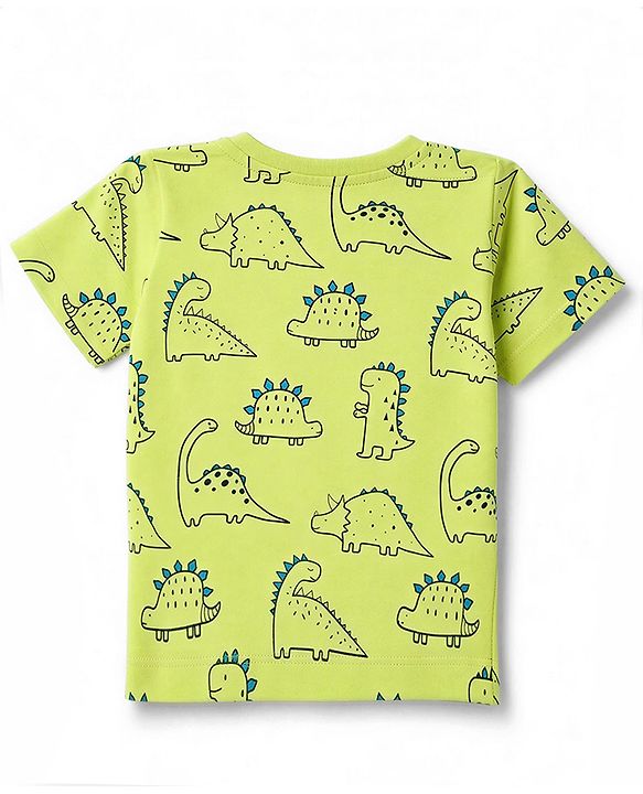 Babyhug 100% Cotton Knit Half Sleeves Co-Ords T-Shirt & Pajama Night Suit with Dino Print - Lime Green