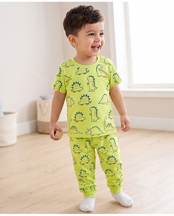 Babyhug 100% Cotton Knit Half Sleeves Co-Ords T-Shirt & Pajama Night Suit with Dino Print - Lime Green