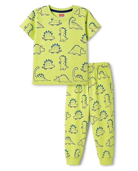 Babyhug 100% Cotton Knit Half Sleeves Co-Ords T-Shirt & Pajama Night Suit with Dino Print - Lime Green