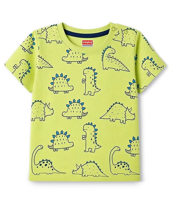 Babyhug 100% Cotton Knit Half Sleeves Co-Ords T-Shirt & Pajama Night Suit with Dino Print - Lime Green