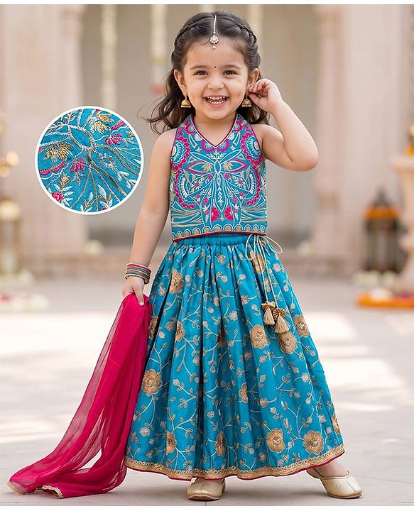 Babyhug Georgette Woven Sleeveless Floral Embroidered Choli Lahenga Set with Dupatta - Blue & Fuschia