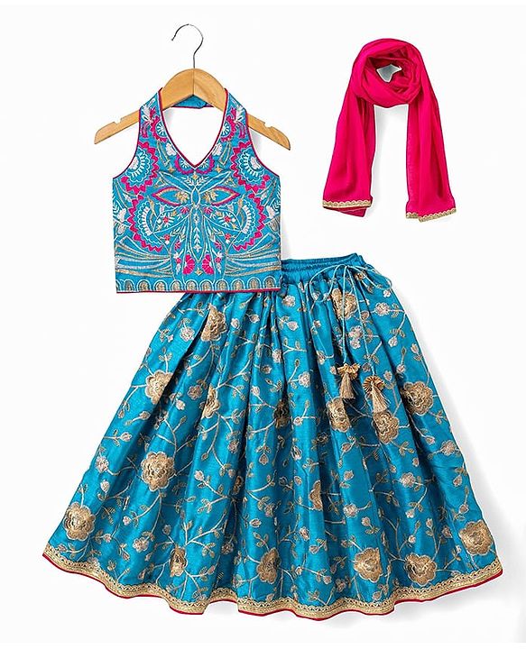 Babyhug Georgette Woven Sleeveless Floral Embroidered Choli Lahenga Set with Dupatta - Blue & Fuschia