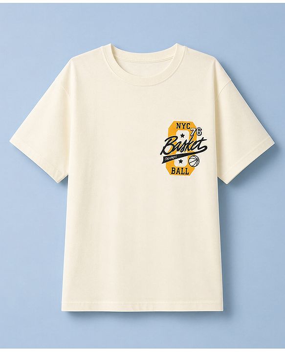 Pine Kids Cotton Denim Knit Half Sleeves T-shirt & Shorts Set With Text Print - Offwhite & Yellow