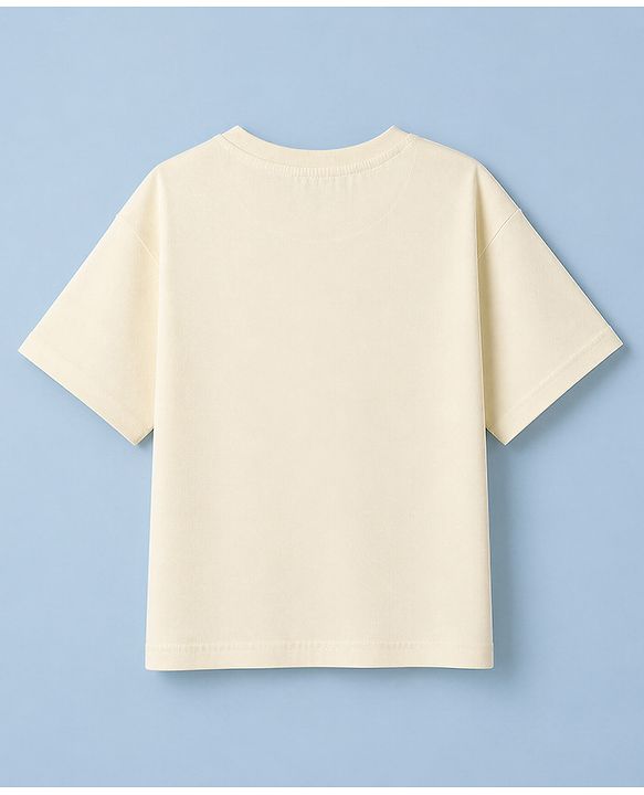 Pine Kids Cotton Denim Knit Half Sleeves T-shirt & Shorts Set With Text Print - Offwhite & Yellow