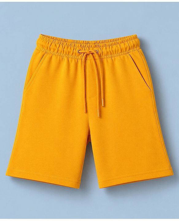Pine Kids Cotton Denim Knit Half Sleeves T-shirt & Shorts Set With Text Print - Offwhite & Yellow