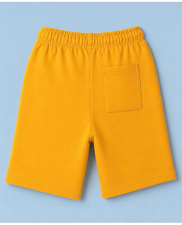 Pine Kids Cotton Denim Knit Half Sleeves T-shirt & Shorts Set With Text Print - Offwhite & Yellow