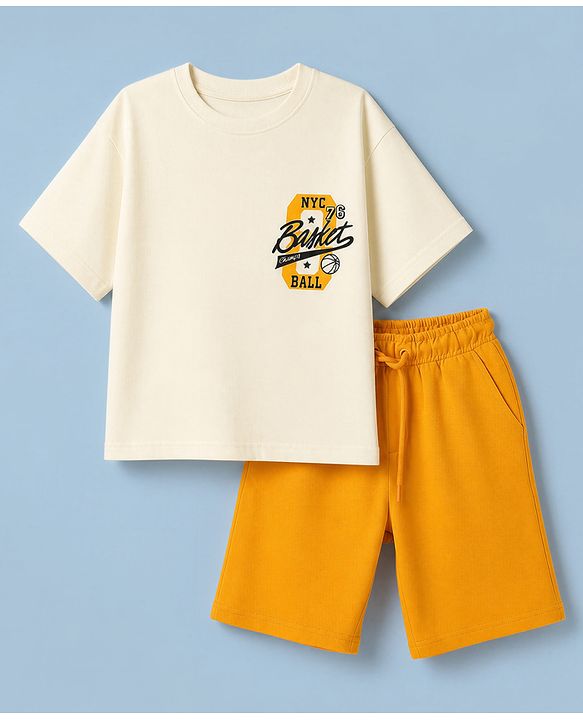 Pine Kids Cotton Denim Knit Half Sleeves T-shirt & Shorts Set With Text Print - Offwhite & Yellow