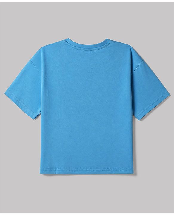 Pine Kids Cotton Denim Knit Half Sleeves T-shirt and Shots Set With Text Print - Sky Blue