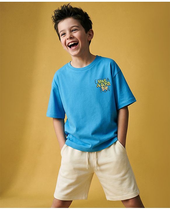 Pine Kids Cotton Denim Knit Half Sleeves T-shirt and Shots Set With Text Print - Sky Blue