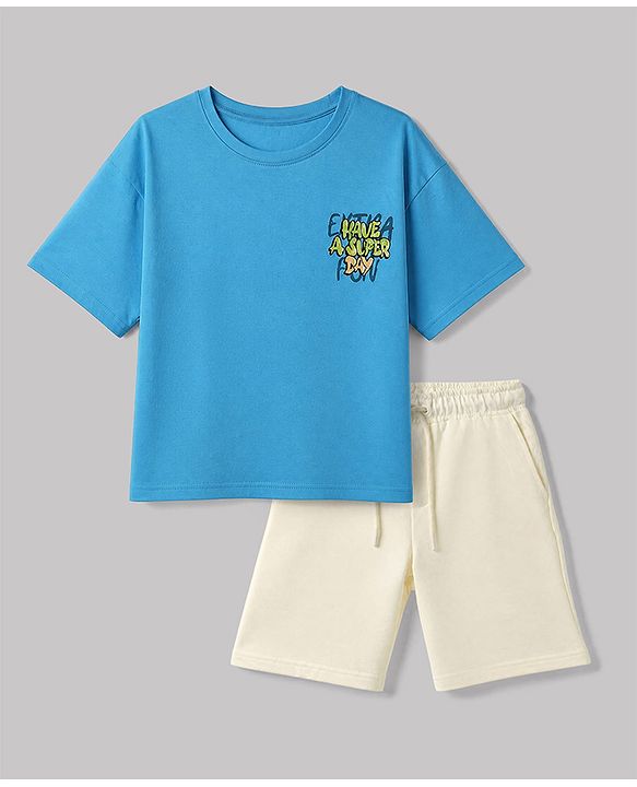 Pine Kids Cotton Denim Knit Half Sleeves T-shirt and Shots Set With Text Print - Sky Blue