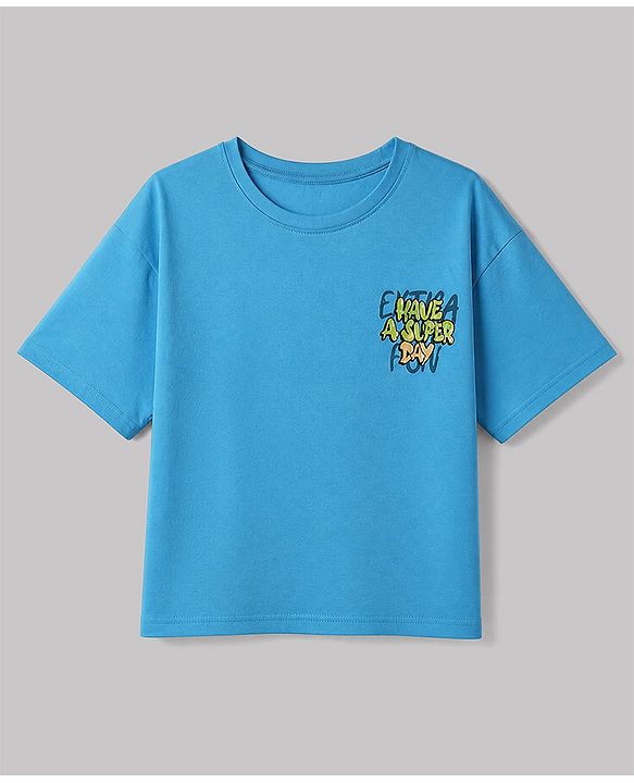 Pine Kids Cotton Denim Knit Half Sleeves T-shirt and Shots Set With Text Print - Sky Blue