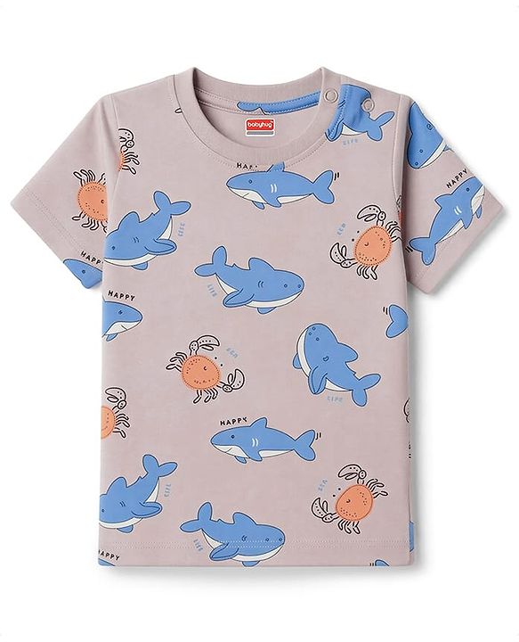 Babyhug 100% Cotton Knit Half Sleeves Co-Ords T-Shirt & Shorts Night Suit with Shark Print - Beige