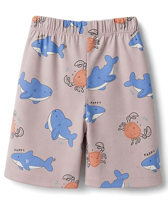 Babyhug 100% Cotton Knit Half Sleeves Co-Ords T-Shirt & Shorts Night Suit with Shark Print - Beige