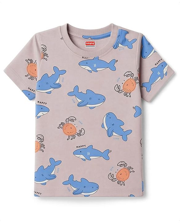 Babyhug 100% Cotton Knit Half Sleeves Co-Ords T-Shirt & Shorts Night Suit with Shark Print - Beige