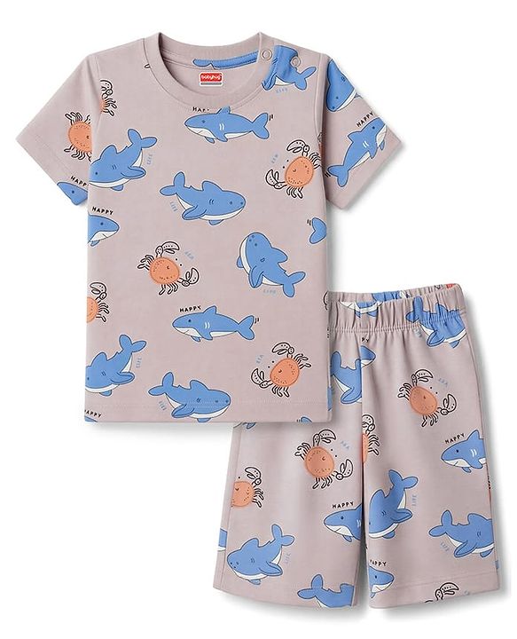 Babyhug 100% Cotton Knit Half Sleeves Co-Ords T-Shirt & Shorts Night Suit with Shark Print - Beige