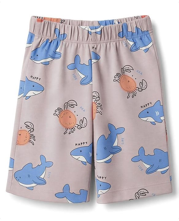 Babyhug 100% Cotton Knit Half Sleeves Co-Ords T-Shirt & Shorts Night Suit with Shark Print - Beige