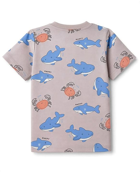 Babyhug 100% Cotton Knit Half Sleeves Co-Ords T-Shirt & Shorts Night Suit with Shark Print - Beige