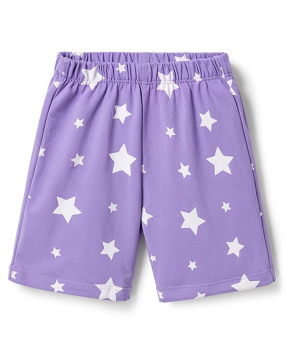 Babyhug 100% Cotton Knit Half Sleeves T-Shirt & Shorts Night Suit With Star & Text Print - Lavender