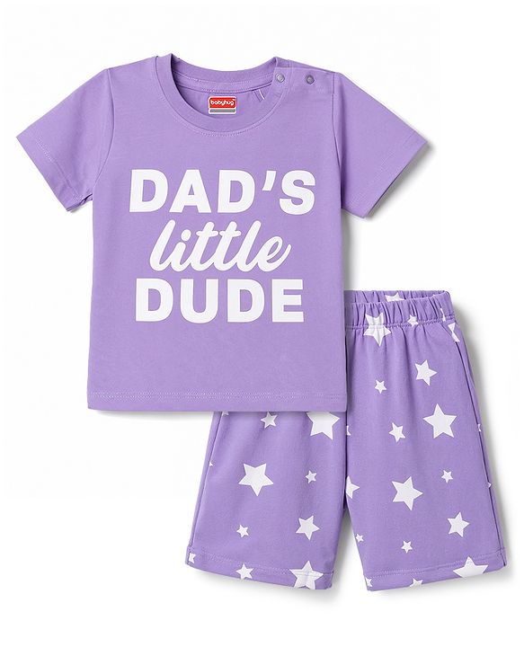 Babyhug 100% Cotton Knit Half Sleeves T-Shirt & Shorts Night Suit With Star & Text Print - Lavender