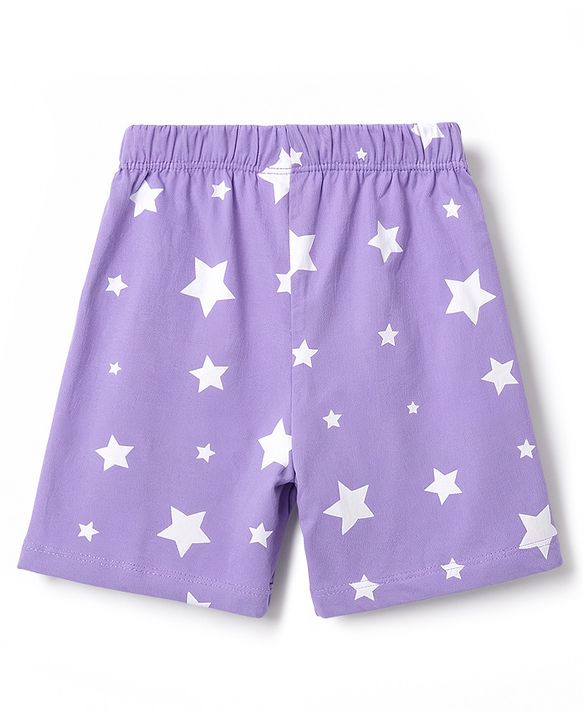 Babyhug 100% Cotton Knit Half Sleeves T-Shirt & Shorts Night Suit With Star & Text Print - Lavender