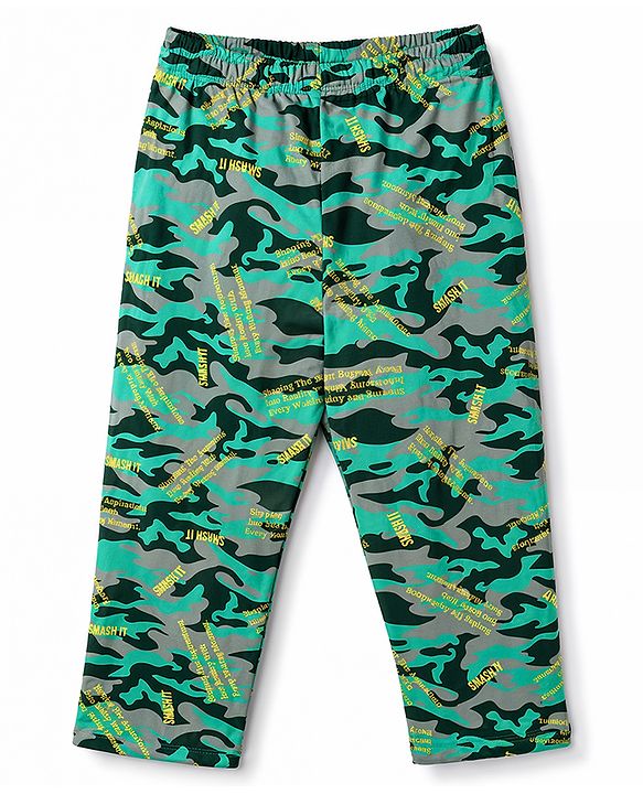 Pine Kids 100% Cotton Knit Half Sleeves Rhino Text & Camouflage Printed T-Shirt & Pyjama Night Suit - Green