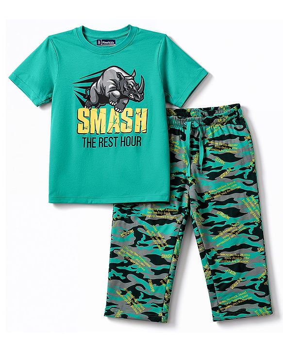 Pine Kids 100% Cotton Knit Half Sleeves Rhino Text & Camouflage Printed T-Shirt & Pyjama Night Suit - Green