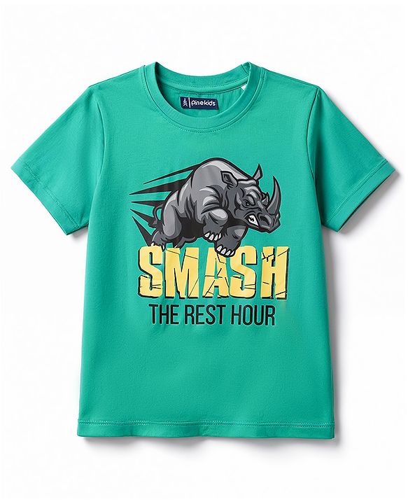 Pine Kids 100% Cotton Knit Half Sleeves Rhino Text & Camouflage Printed T-Shirt & Pyjama Night Suit - Green